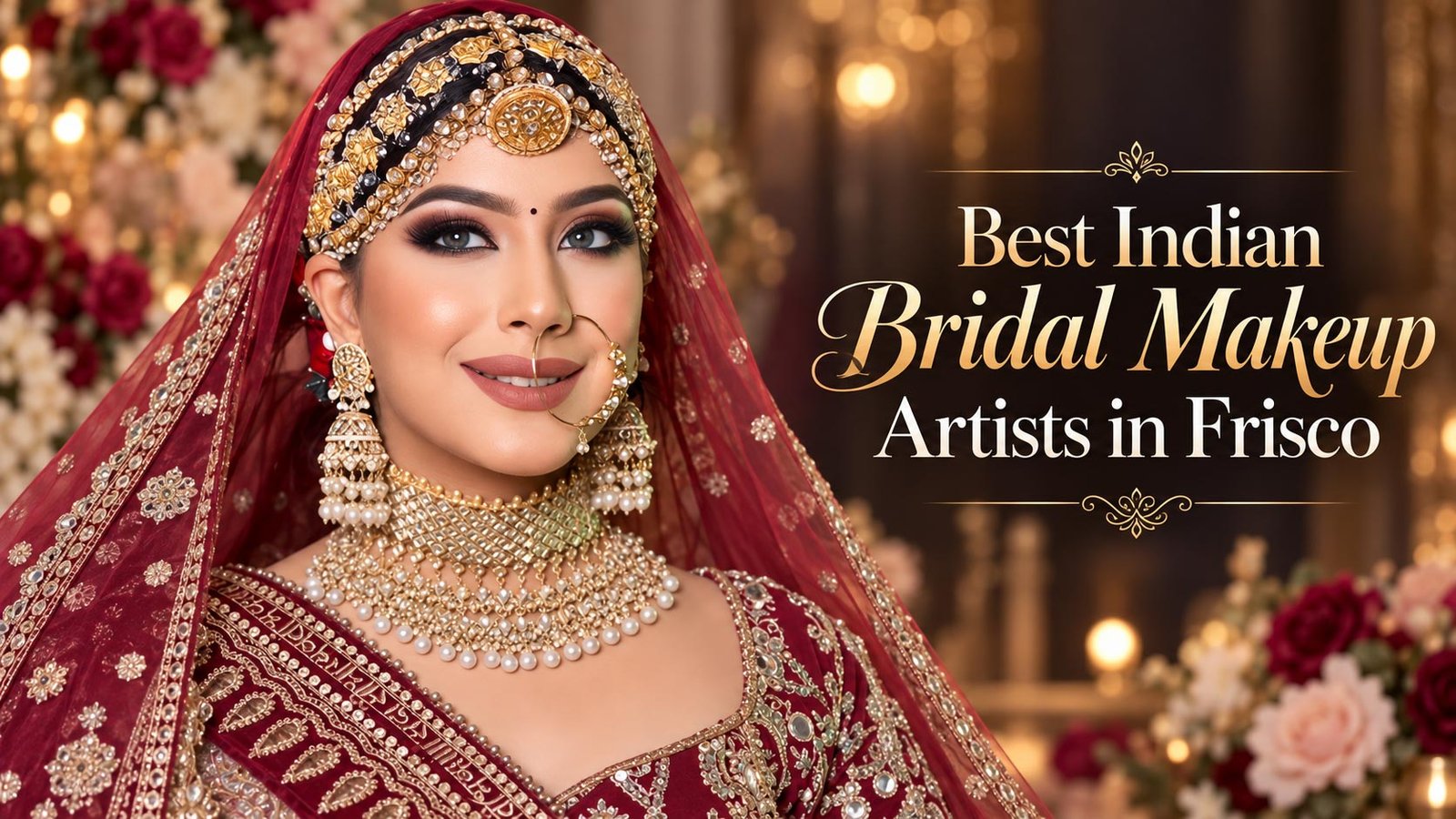 Glamorous Indian bride in red bridal attire with elegant makeup and jewelry for bridal makeup services in Frisco