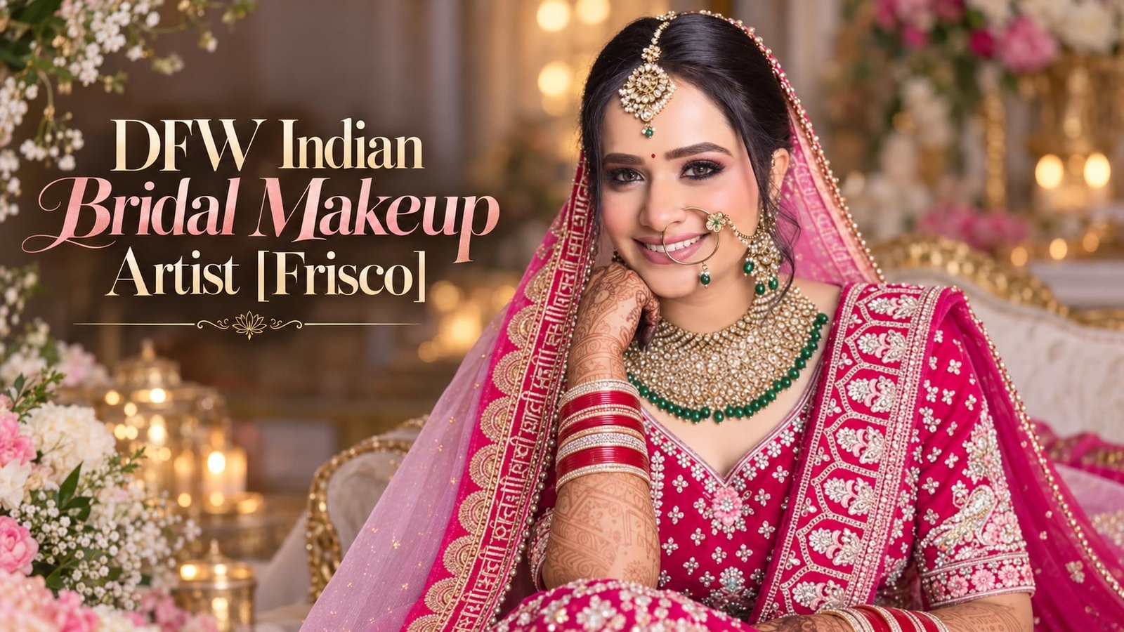 Indian bride in pink bridal outfit with traditional jewelry and glamorous makeup by DFW Indian bridal makeup artist in Frisco